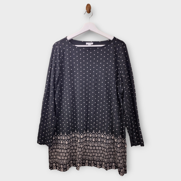 J Jill Shirt Womens XL Black Tan Floral Geometric Side Slits 3/4 Sleeve Pullover - Picture 1 of 4